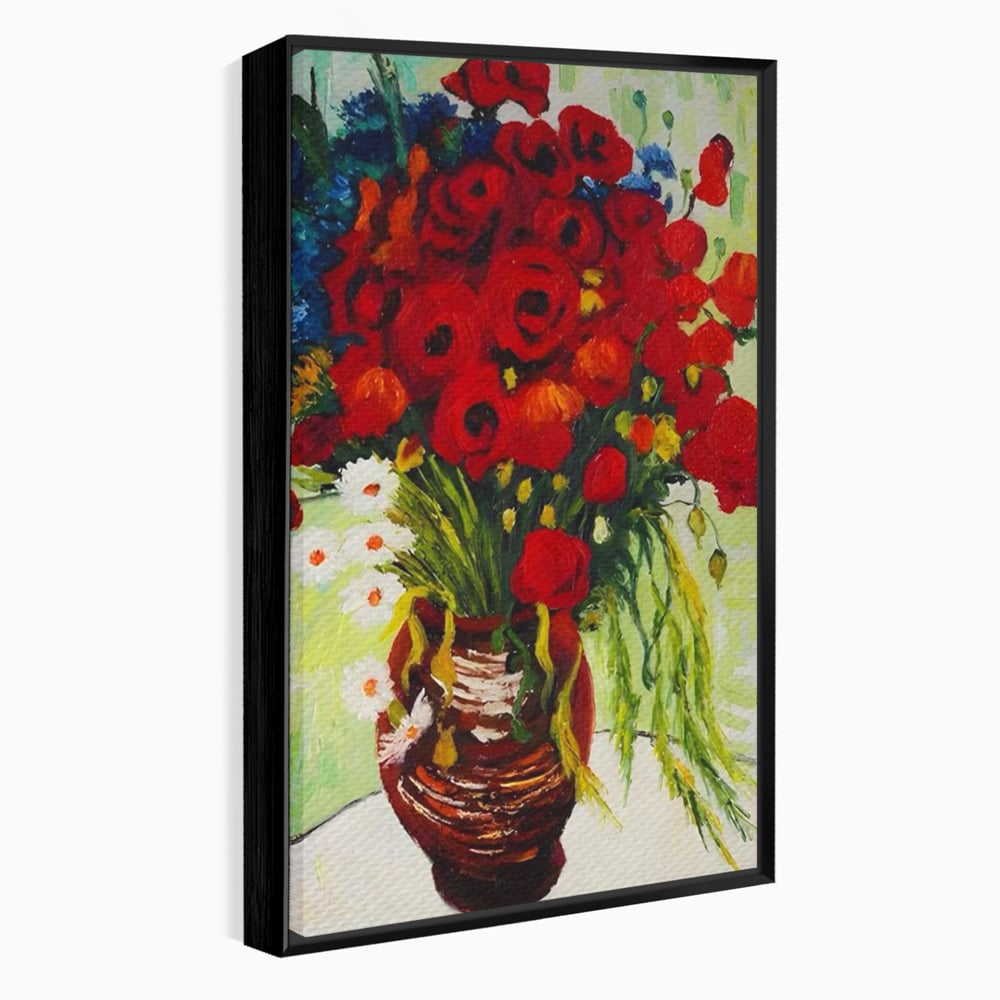 Tablou canvas cu pictura cu vaza plina de maci, in rama de aluminiu negru